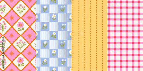 Obraz na płótnie Vector set of hand drawn seamless pattern in simple doodle sketchy floral wavy a