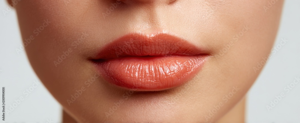 Fototapeta premium Radiant natural peach lips evoke beauty and self-care on a pure white backdrop