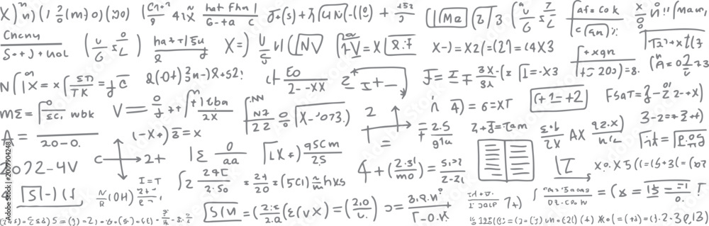 Fototapeta premium Handwritten mathematical equations and symbols scattered across a white background mathematics formulas