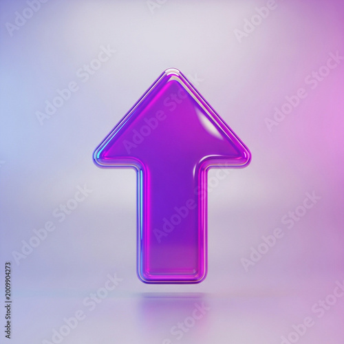 Purple arrow pointing up, glowing with neon light, conceptual for growth