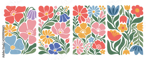 Abstract Posters Set with Flowers. Groovy abstract flower art set. Floral botanic vector illustration.