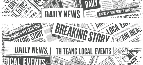 Collage of newspaper headlines and text fragments in grayscale with a vintage feel print