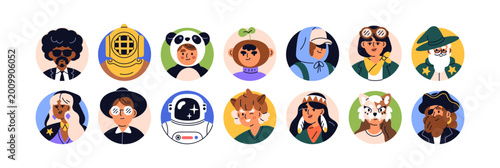 Funny characters, head avatars in circles, set. Round user profiles, creative...