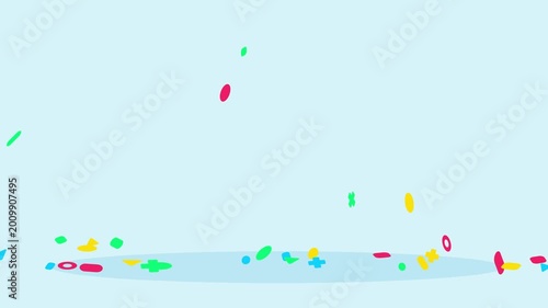 Colorful geometric confetti bouncing on a light blue floor representing playful physics and celebration in a clean minimalist style