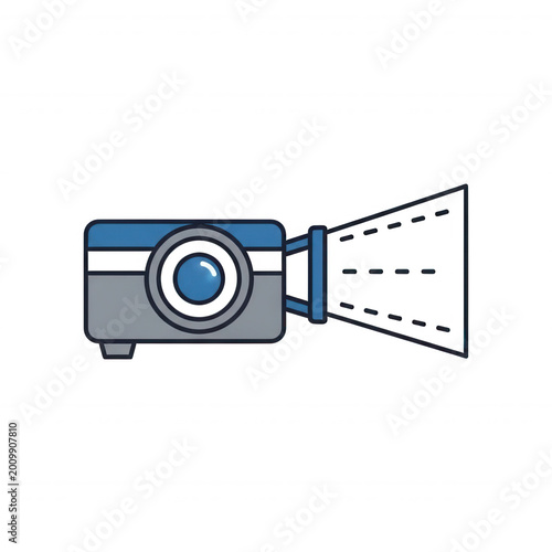 A flat of a vintage projector casting a light beam with rectangular strip frames, isolated on a black background