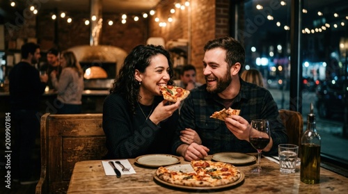 Couple enjoying pizza at night after a party, casual romance, nightlife comfort and modern lifestyle concept for food branding, hospitality campaigns and editorial storytelling, candid sharing and