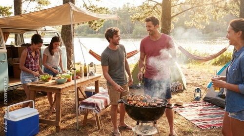 Summer barbecue camping concept with open grill, outdoor leisure mood and casual food preparation scene, strong appeal for travel, friendship, backyard parties and camping lifestyle themes, warm