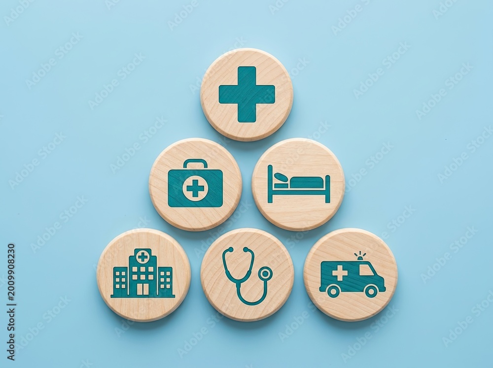 Obraz premium Wooden health icons arranged in a pyramid, teal symbols on wood discs, pastel blue background, healthcare Concept.