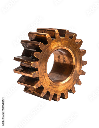 A detailed close-up showcases a weathered, bronze-colored gear against a stark black background, highlighting its intricate teeth and aged texture.
