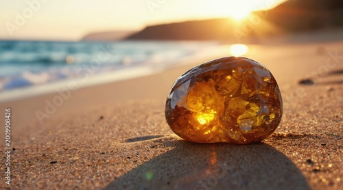 Golden amber stone rests on sand near ocean waves at sunset. Sun shines through gem creating warm glow. Peaceful beach scene offers tranquil beauty.
