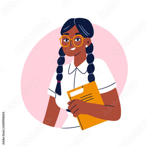 Black girl in glasses, holding book in hand, avatar. Female in specs with not...
