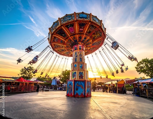 Colorful swing ride at sunset carnival.