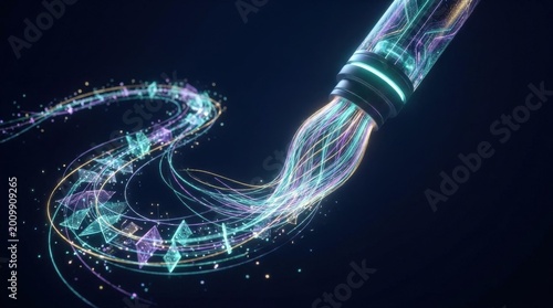 AI Paintbrush Leaving Trail of Luminous Digital Creation with Neural Filament Bristles Painting Abstract Masterpiece in Vibrant Teal Purple and Gold Floating in Dark Void, dark navy background, teal