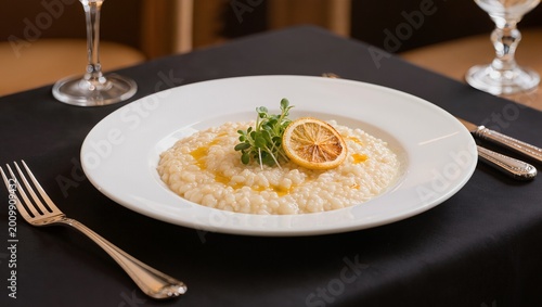 Creamy risotto dish garnished with microgreens and dried lemon slice