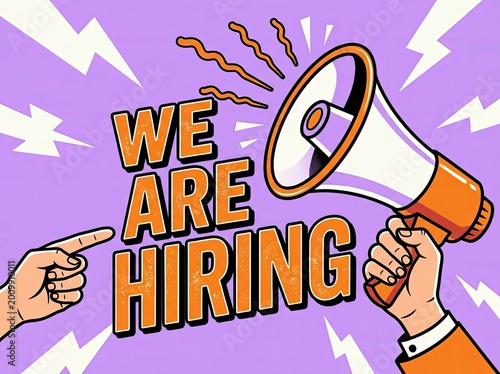 Cartoon hand holding megaphone, bold text and pointing finger, comic style, purple backdrop, advertising, recruitment, hiring concept. theme 2027 Concept