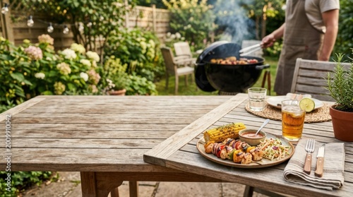 Outdoor garden table with clear copy space, barbecue lifestyle mockup for food branding, summer party campaigns and backyard leisure visuals, inspired by wooden desk and grill, warm authentic mood,