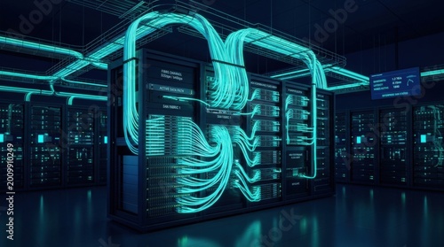 High-Speed Storage Area Network (SAN) concept. AI driven of a centralized data center with fiber optic connections for enterprise business solutions, enterprise AI, dark navy background, teal cyan
