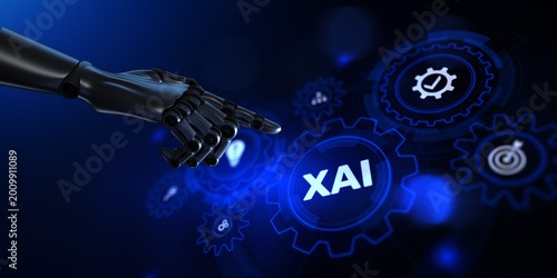 XAI Explainable Artificial Intelligence with Robotic Hand and Gear Icons Interface