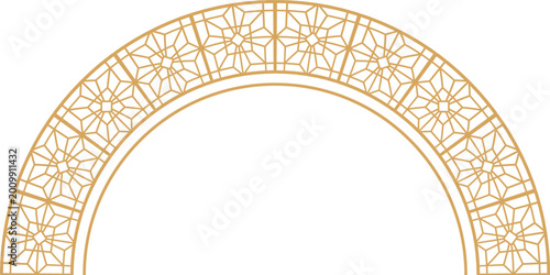 Traditional arabic muslim oriental gold decorative elements. Arabic mosque, arch, hookah, eastern lantern, patterned borders vector illustration set. Oriental arabic symbols