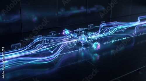 AI video editing automation abstract technology background, intelligent postproduction, content workflows, media optimization and creative enterprise software concept, luminous processing elements in