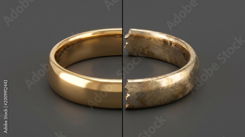 Gold Wedding Ring Split Between Perfect and Damaged Halves Concept