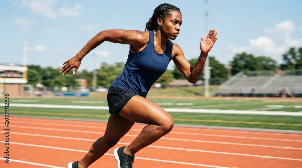 Obraz premium Woman performing a sprint, athletic power and training concept with dynamic form, sport lifestyle energy and focused determination, bright daylight, realistic motion detail and polished commercial