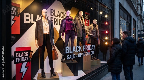 Black Friday sale display with mannequins in retail window showcase  