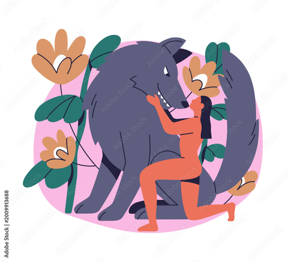 Fototapeta premium Woman and wolf. Girl in wild nature taming predator. Female mowgli and untamed animal, beast. Primal inner instinct, psychological concept. Flat vector illustration isolated on white background