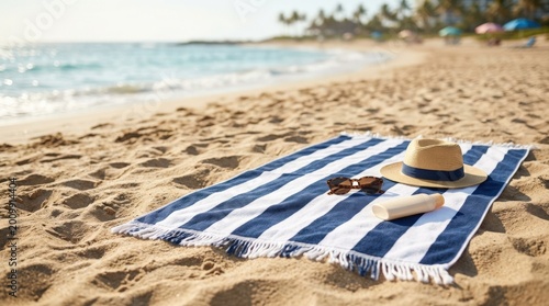 Beach towel spread on hot sand with generous copy space, summer vacation relaxation and sunbathing concept for product placement, resort branding and seasonal advertising, blurred shoreline, warm