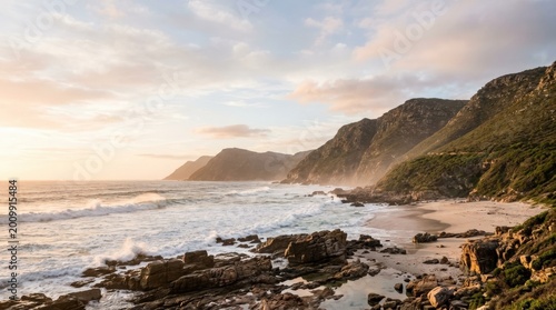 Wild beach near Cape Town at Dappat se Gat, dramatic coastal landscape with rugged shoreline, Atlantic waves, rocky foreground and remote South African scenery, premium travel destination, tourism