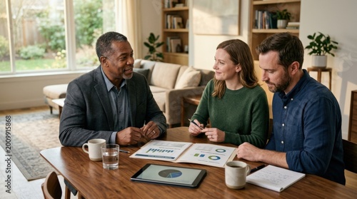 Financial advisor meeting with couple at table in a modern home, trust and personal finance concept for investment, mortgages and family planning campaigns, warm interior, attentive discussion,