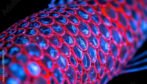 A close up image of a surface covered in tightly packed, iridescent scales or beads showcases a vivid combination of blue and red hues