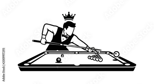 Φωτογραφία Billiard King playing pool, graphic illustration of man with crown aiming cue st