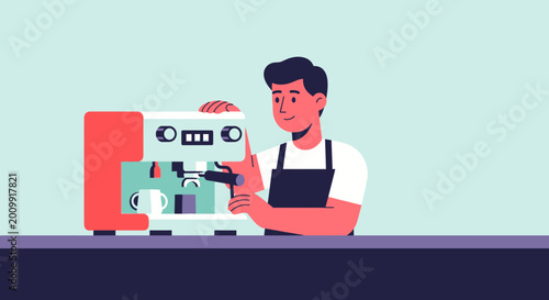 Barista making coffee with espresso machine, flat illustration