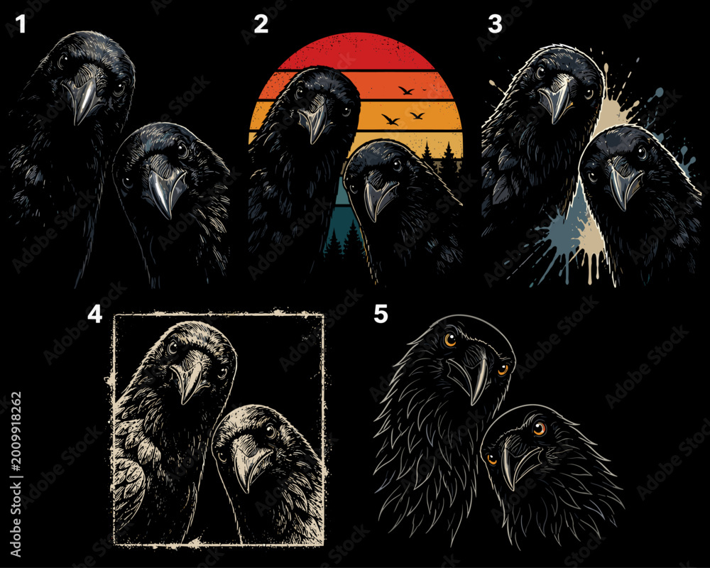 Fototapeta premium Dark Raven Illustration Set in Gothic Vintage and Modern Styles with Dramatic Black Background