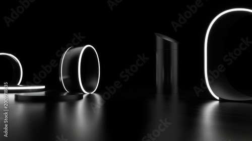 Minimalist composition featuring glowing circular forms against dark reflective surface. Abstract shapes create futuristic aesthetic.