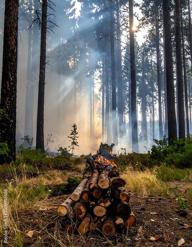 Forest fire smoke through trees logs.