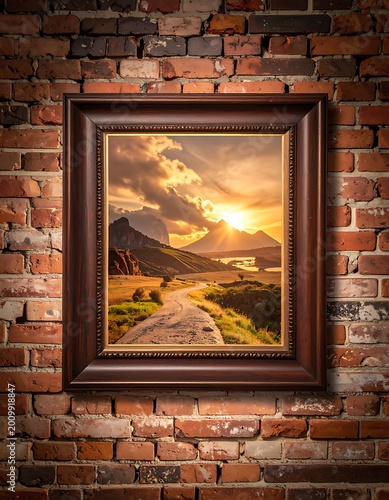 Framed painting on brick wall sunset.