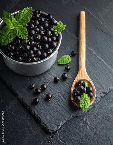 Fresh blueberries with mint leaves spoon.