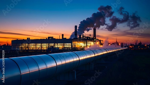 Carbon Capture and Storage Infrastructure: Long Metallic Pipeline Leading to an Industrial Power Plant at Dramatic Sunset