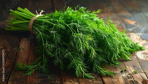 Fresh dill herbs on wooden table.