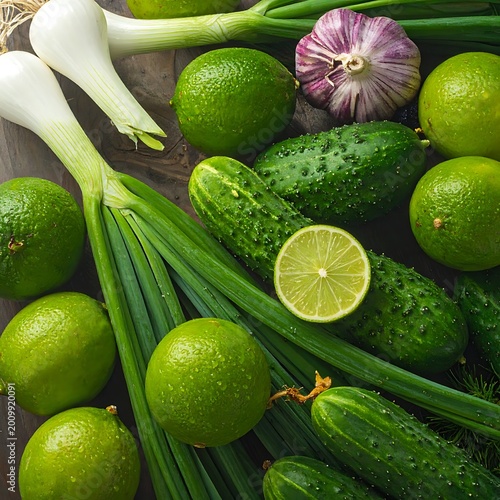 Fresh green cucumbers and lime fruits.