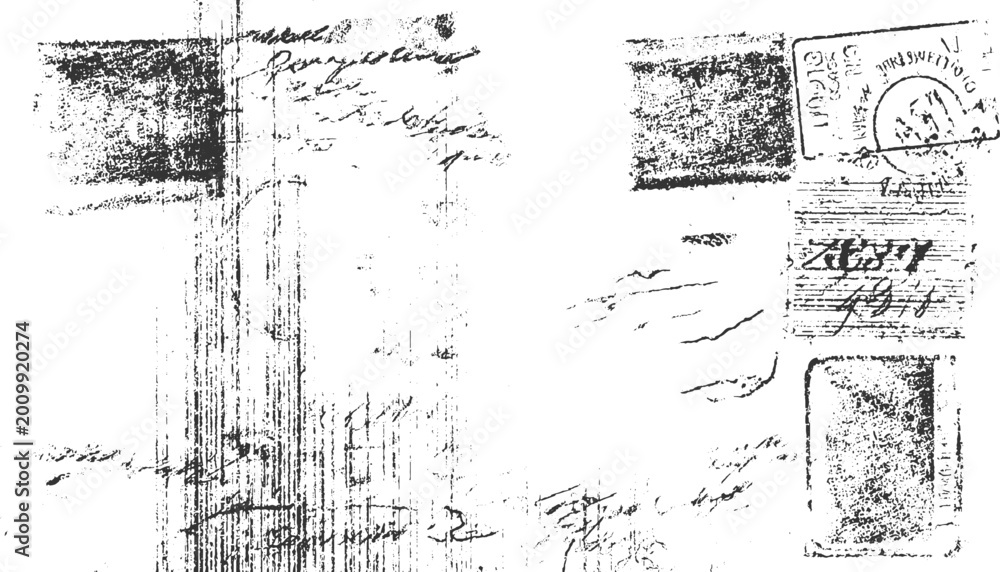 Obraz premium Black ink handwritten script and stamps on distressed white paper background with vertical lines