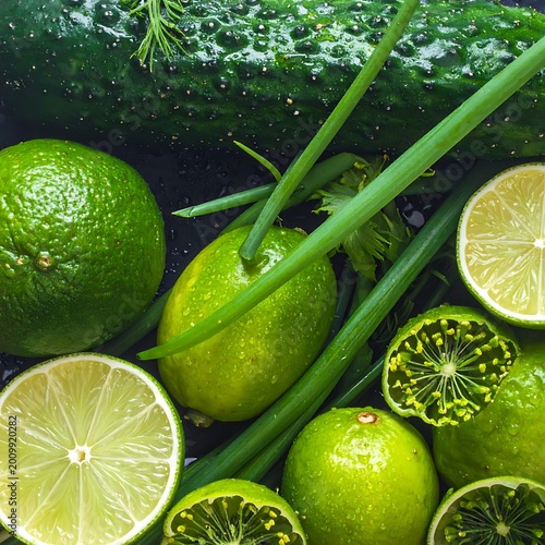 Fresh green limes and cucumbers with herbs.