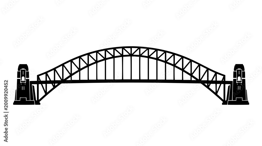 Naklejka premium Vector silhouette of Sydney Harbour Bridge with steel arch and supports, iconic Australian architectural landmark art
