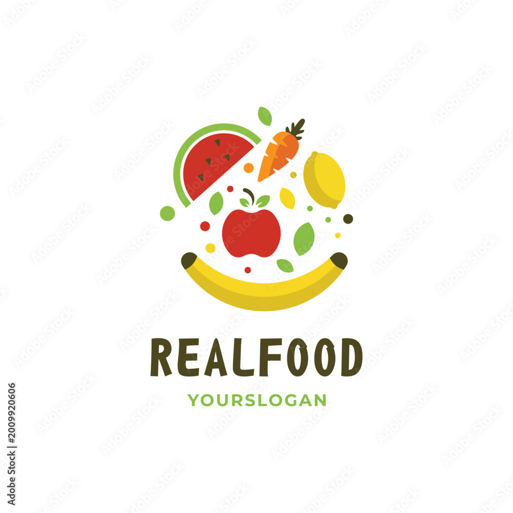 Fototapeta premium Real Food Healthy Logo with Fresh Fruits and Vegetables Flat Design