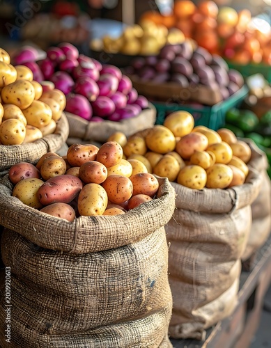 Fresh potatoes in burlap sacks market.