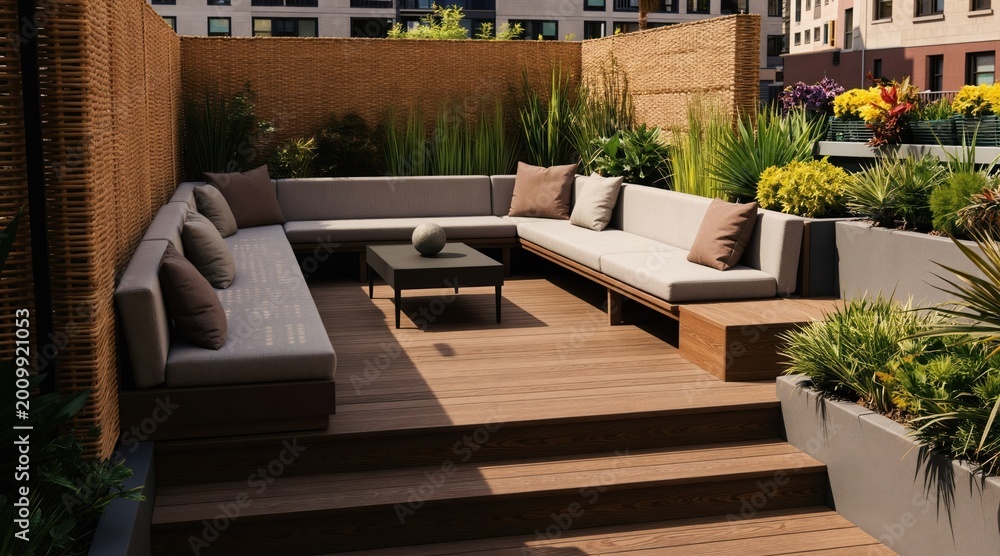 Fototapeta premium Modern urban roof garden features sectional seating and planters with rich green plants. A raised wooden deck offers outdoor living space with city building backgrounds. Outdoor patio furniture.