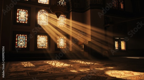 Sunlight streams through stained glass windows inside an empty mosque. Rays illuminate the carpeted floor. Peaceful interior atmosphere suggests prayer or contemplation.
