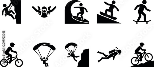 Photography Black silhouettes of people doing various extreme sports activities  icons